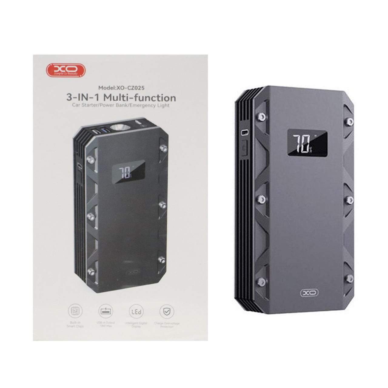 جامپ استارتر خودرو و پاوربانک18W فست شارژ XO 10000mAh مدل XO-CZ025 - مشکی(دارای چراغ LED)